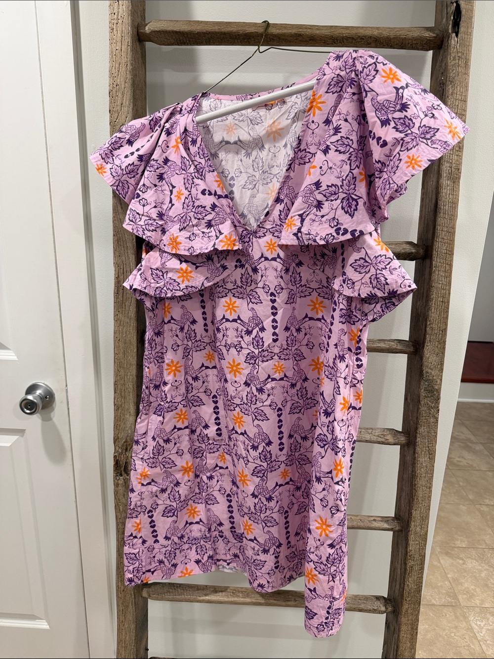 Oliphant Lilac Floral Ruffle V-Neck Dress with Orange Accents, Size L